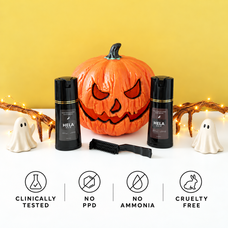 Hela Hair bottles with Halloween decorations